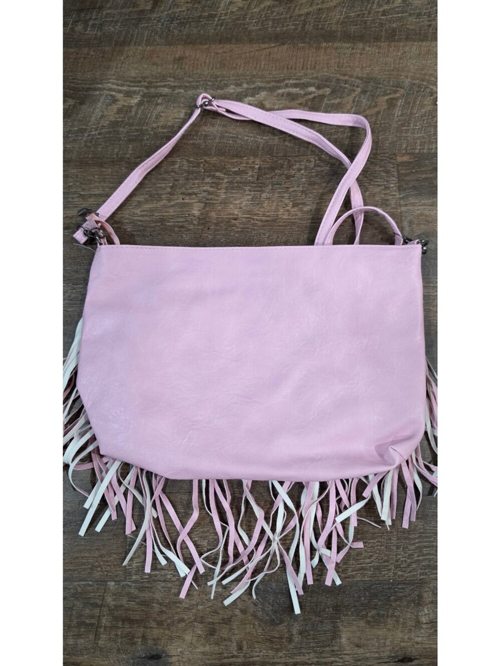 Pink Faux Leather Fringe Crossbody Bag with Studded Detail - Picture 9 of 9
